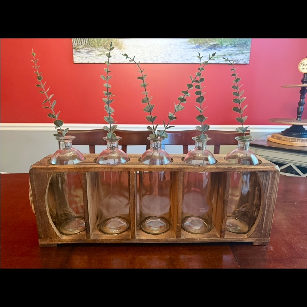 Rustic Wooden Vase Holder with Glass Bottles